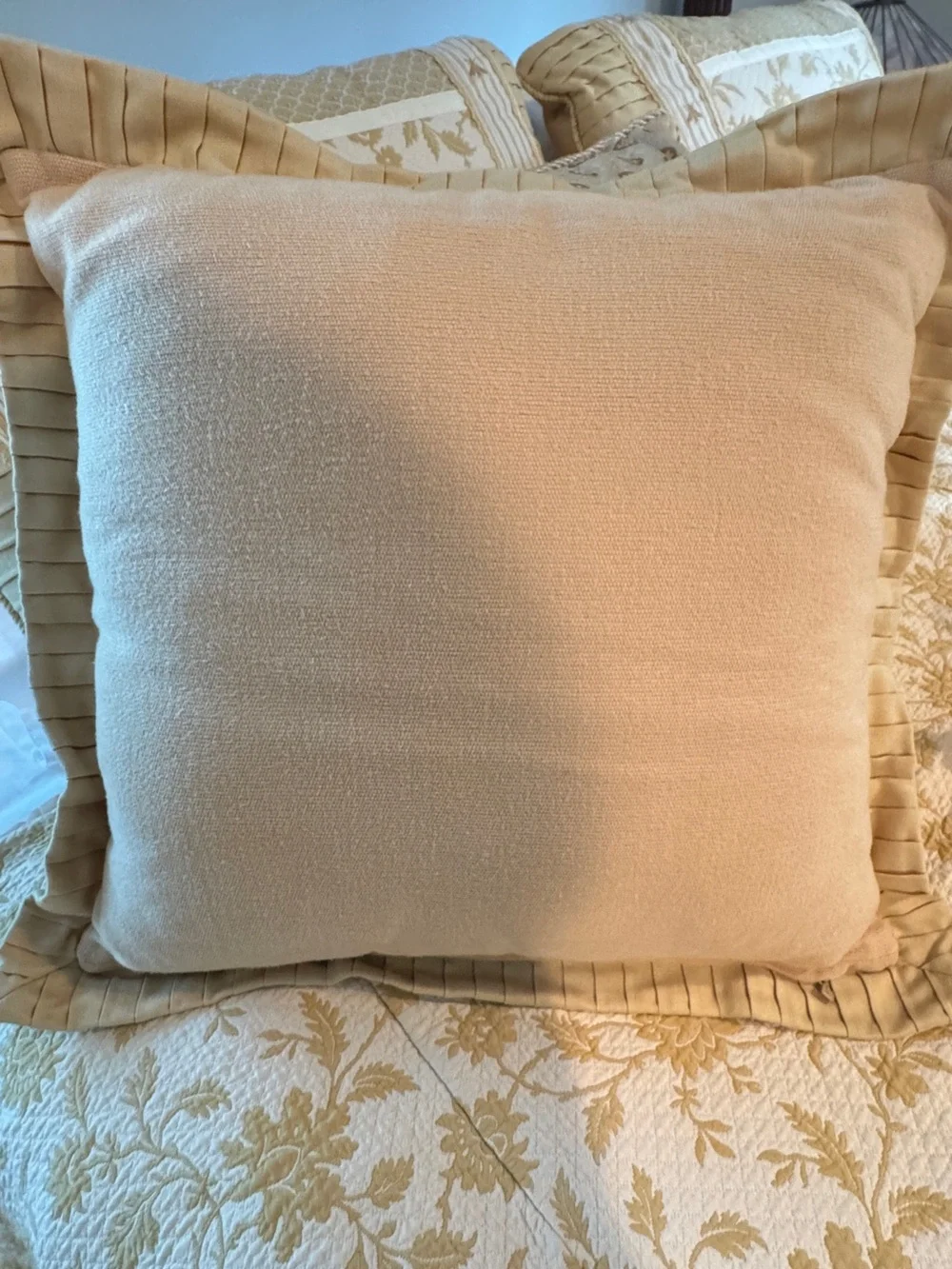 Ethan Allen Cream and Gold Floral Quilted Duvet Cover, Throw Pillows & Bedskirt